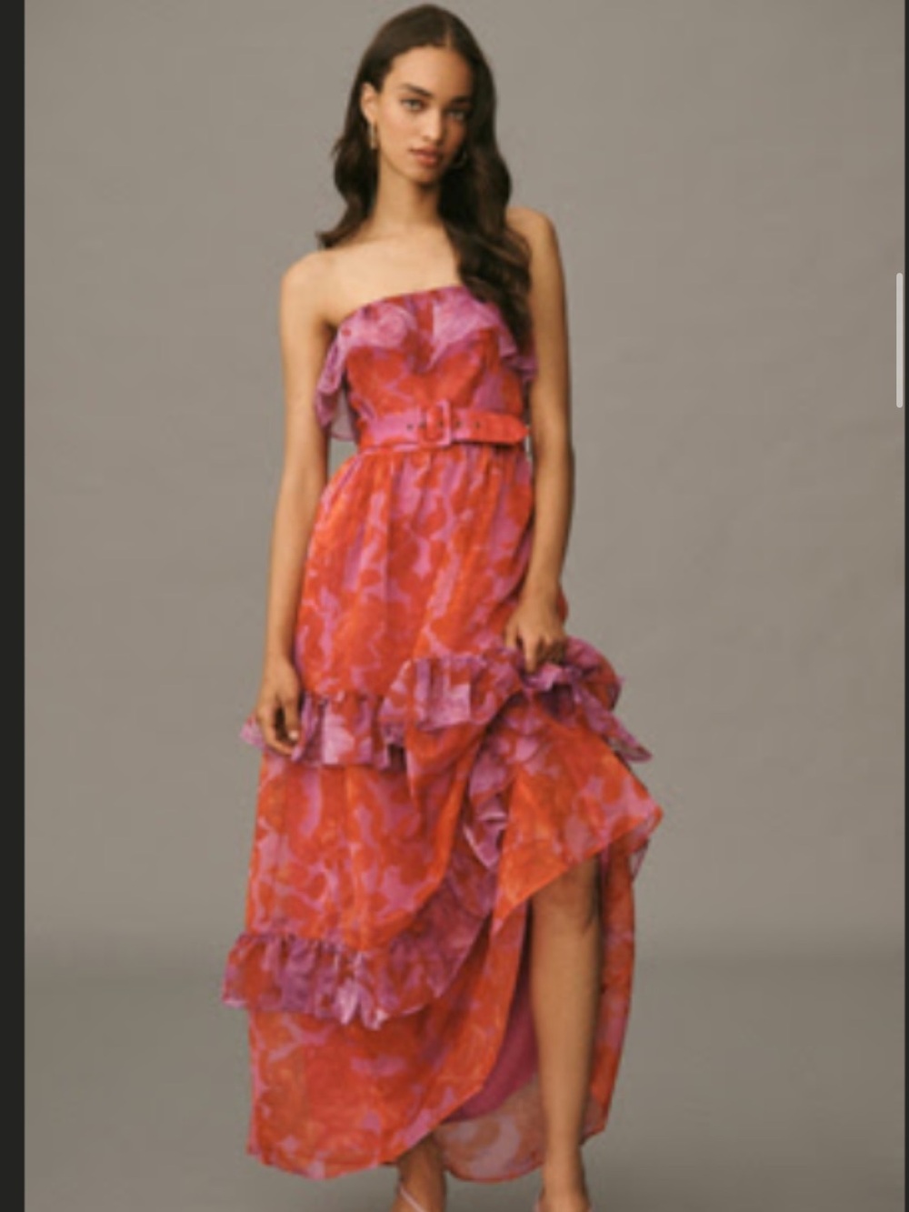 Anthropologie Strapless Pink & Red Ruffle Maxi Dress